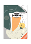 Das Bauhaus Poster zeigt dir in unterschiedlichen Formen ein bunt dargestelltes, weibliches Gesicht in den Primärfarben Grün und Orange.