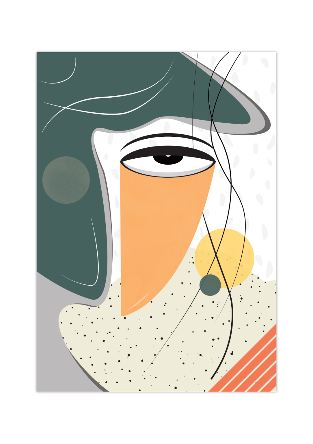 Das Bauhaus Poster zeigt dir in unterschiedlichen Formen ein bunt dargestelltes, weibliches Gesicht in den Primärfarben Grün und Orange.
