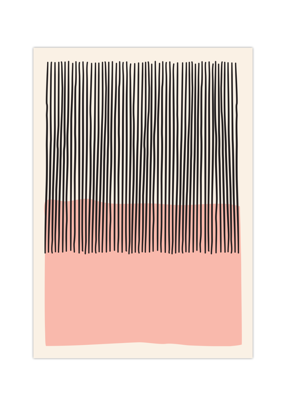 Das Poster zeigt eine abstrakte, geometrische Darstellung in Rosa und Schwarz mit beigem Hintergrund.