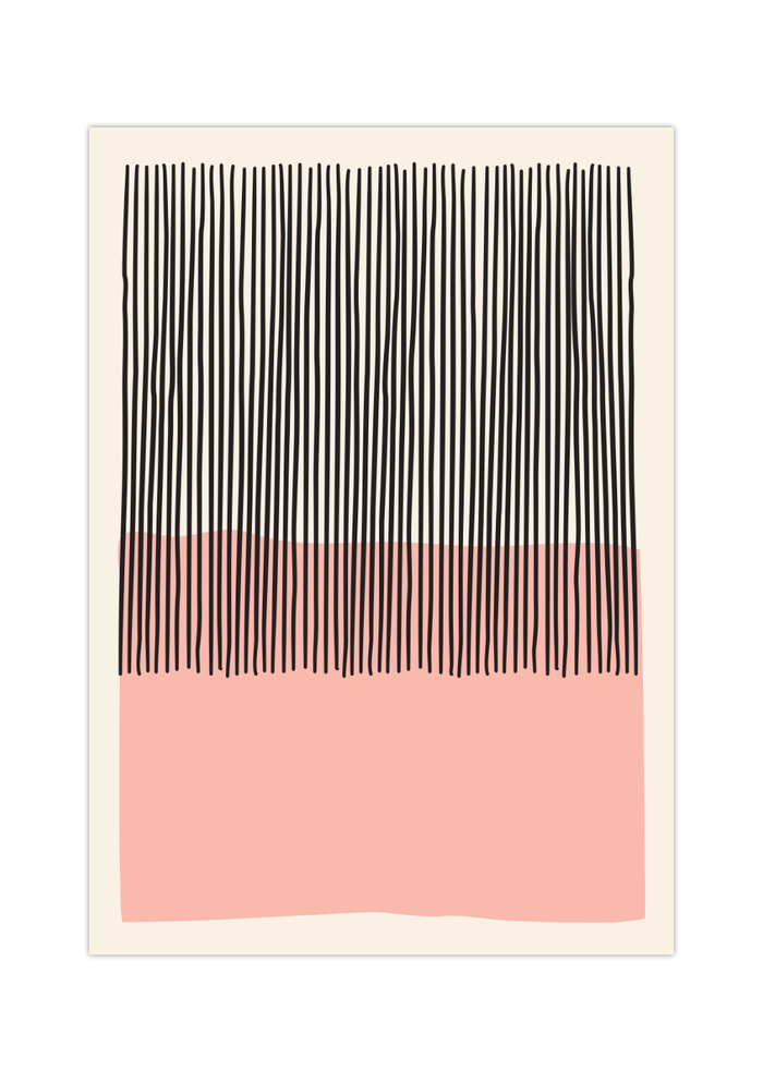 Das Poster zeigt eine abstrakte, geometrische Darstellung in Rosa und Schwarz mit beigem Hintergrund.