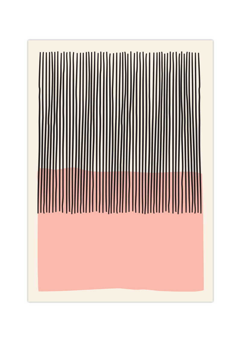 Das Poster zeigt eine abstrakte, geometrische Darstellung in Rosa und Schwarz mit beigem Hintergrund.