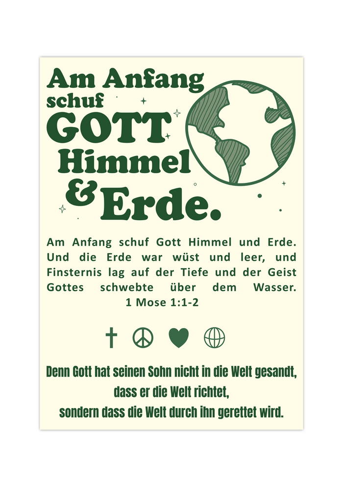 Dieses christliche Poster auf deutsch mit dem zeigt 1 Mose 1:1-2 "Am Anfang schuf Gott Himmel und Erde." 