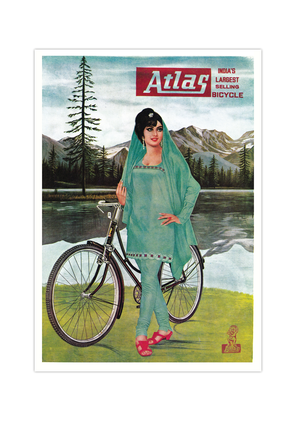 Bei dem Poster handelt es sich um den Nachdruck einer Fahrrad-Werbung für Atlas Fahrräder auf dem eine Frau an einem Fahrrad steht.