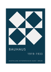 Das Bauhaus Poster zeigt dir in unterschiedlichen Anordnungen vier Rauten in Blau bzw. auf blauem Hintergrund.