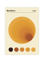 Dieses Bauhaus Poster zeigt dir Kreise in verschiedenen Orange- und Blautönen, die einen Tunnel bilden.