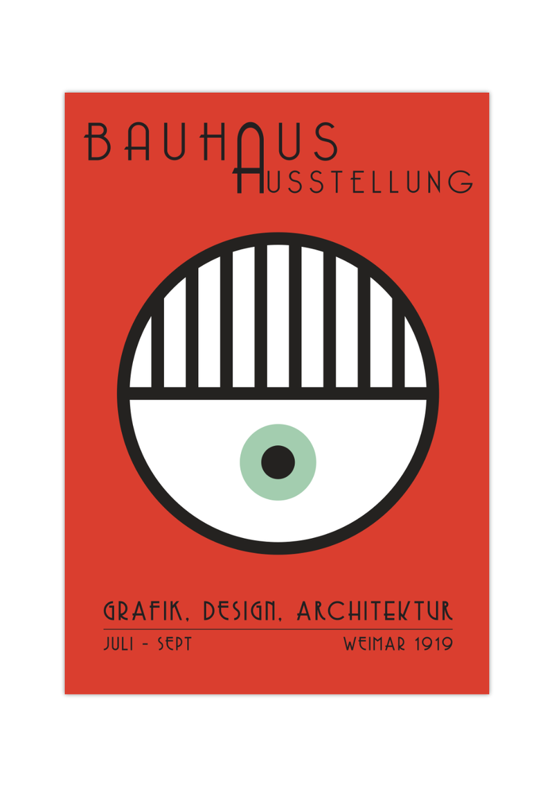 Das Bauhaus Poster zeigt dir auf rotem Hintergrund ein Auge.