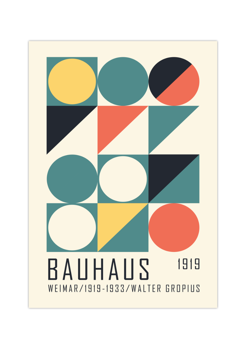 Dieses Bauhaus Poster zeigt dir Vierecke, Rechtecke und Kreise in verschiedenen Farben. 