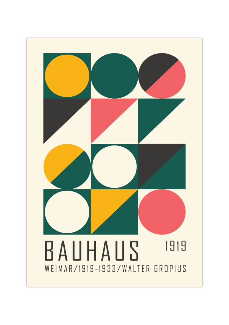Dieses Bauhaus Poster zeigt dir Vierecke, Rechtecke und Kreise in verschiedenen Farben. 