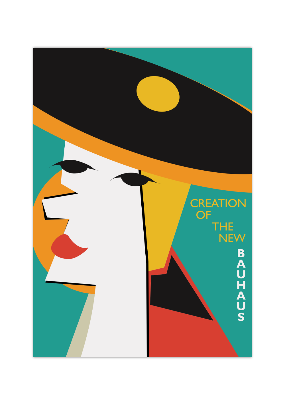 Das Bauhaus Poster zeigt dir in unterschiedlichen geometrischen Formen ein bunt dargestelltes Frauen Gesicht.