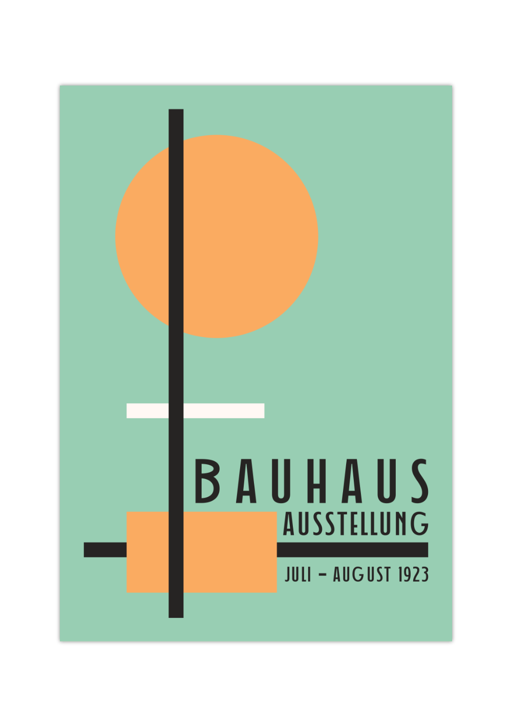 Das Bauhaus Poster zeigt dir unterschiedliche geometrische Formen in Orange, Schwarz und Weiß auf blauem Hintergrund. 