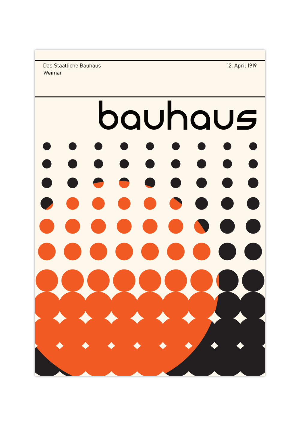 Dieses Bauhaus Poster zeigt dir kleiner werdende Kreise die von einem großen orangenen Kreis überlagert werden. 
