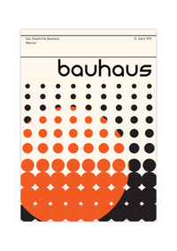Dieses Bauhaus Poster zeigt dir kleiner werdende Kreise die von einem großen orangenen Kreis überlagert werden. 