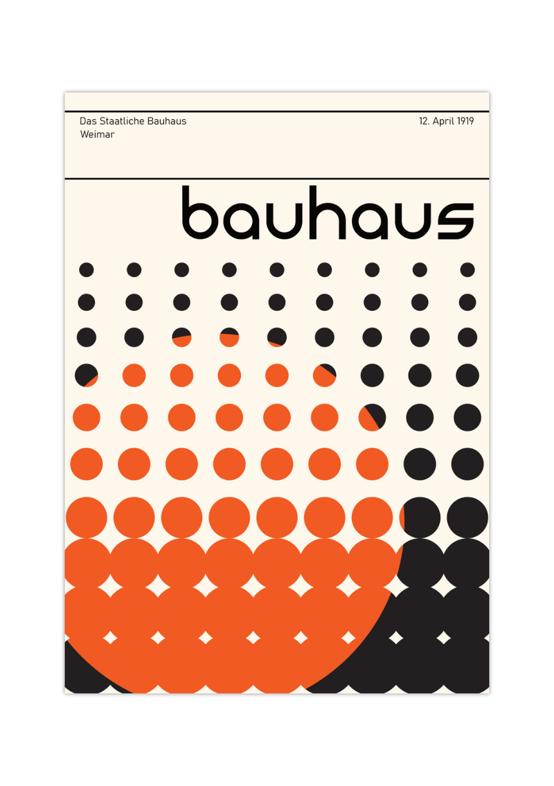 Dieses Bauhaus Poster zeigt dir kleiner werdende Kreise die von einem großen orangenen Kreis überlagert werden. 