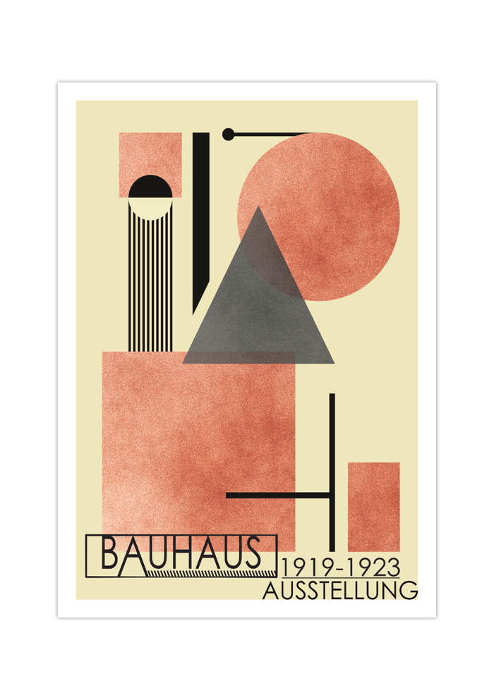 Das Bauhaus Poster zeigt dir unterschiedlichen geometrischen Formen in Orange und Schwarz dargestellt.