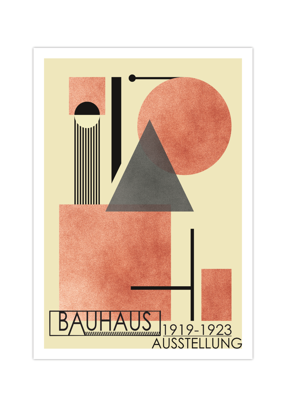 Das Bauhaus Poster zeigt dir unterschiedlichen geometrischen Formen in Orange und Schwarz dargestellt.
