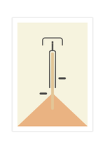 Das Poster im Bauhaus-Stil zeigt ein minimalistisch und geometrisch dargestelltes Rennrad in verschiedenen Farben. 