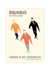 Das Bauhaus Poster zeigt drei geometrisch dargestellte Herren in verschiedenfarbigen Anzügen mit Hut und Einstecktuch