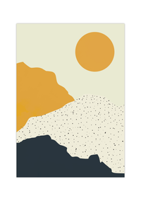 Das Poster zeigt eine abstrakt dargestellte Landschaft mit Bergen in Blau, Gelb und Weiß, dazu eine gelbe Sonne.