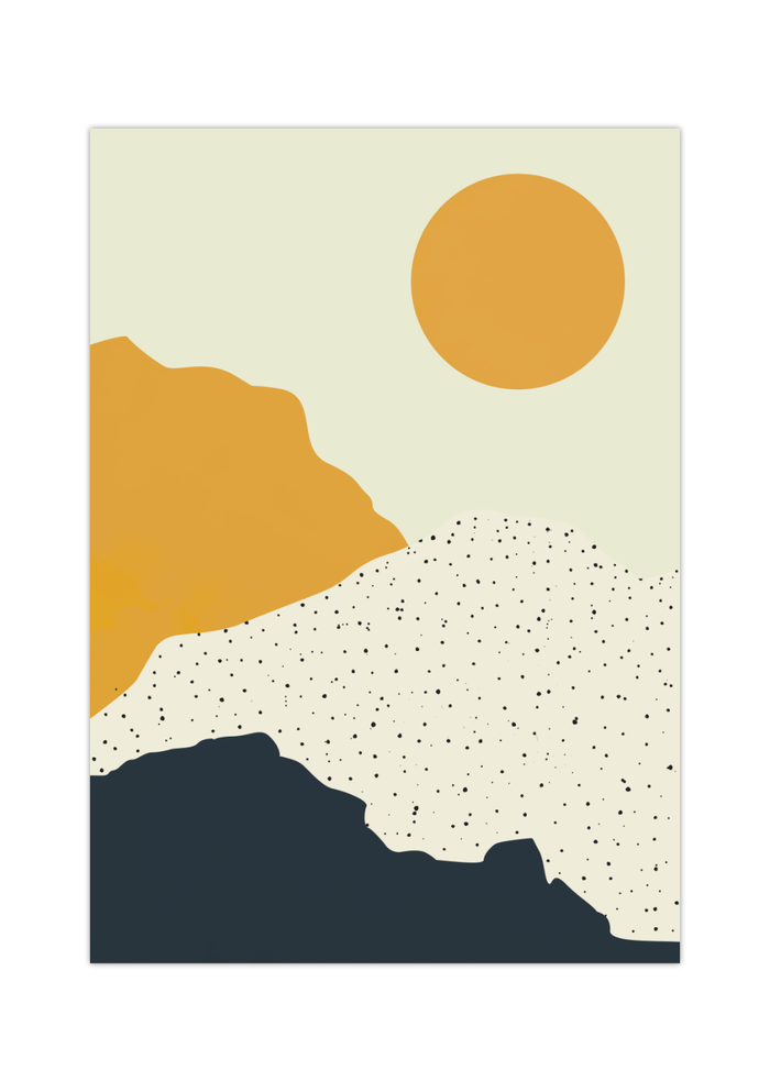 Das Poster zeigt eine abstrakt dargestellte Landschaft mit Bergen in Blau, Gelb und Weiß, dazu eine gelbe Sonne.