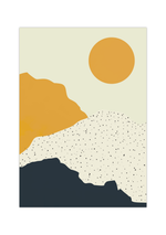 Das Poster zeigt eine abstrakt dargestellte Landschaft mit Bergen in Blau, Gelb und Weiß, dazu eine gelbe Sonne.