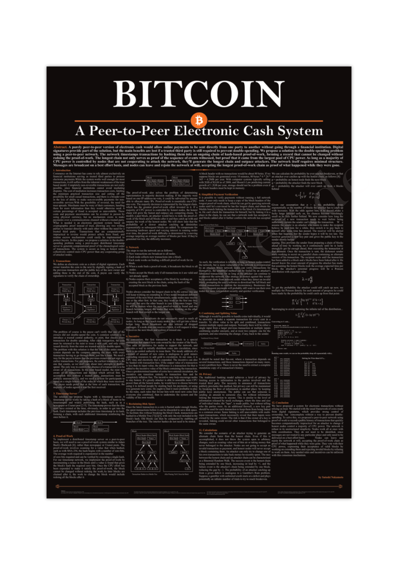 Poster der Kryptowährung Bitcoin und mit dem Whitepaper von Satoshi Nakamoto, für alle Bitcoin-Enthusiasten, Trader, Aktionäre, Banker, und Wertpapierhändler.