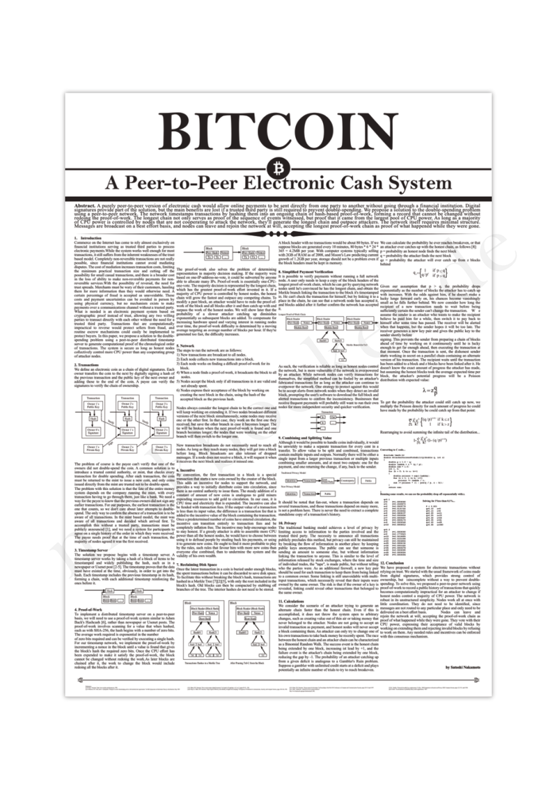 Poster der Kryptowährung Bitcoin und mit dem Whitepaper von Satoshi Nakamoto, für alle Bitcoin-Enthusiasten, Trader, Aktionäre, Banker, und Wertpapierhändler.