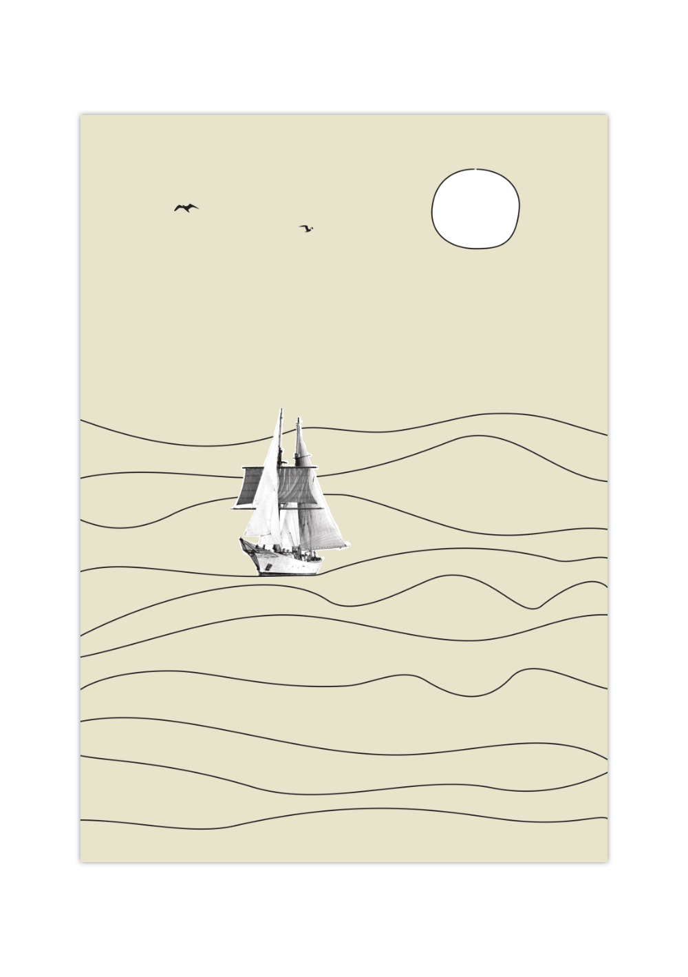 Dieses Poster im vintage Stil zeigt ein in Schwarz und Weiß dargestelltes Schiff, welches auf den Wellen des Meeres reitet. 