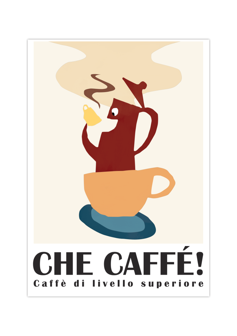 Dieses Poster für die Küche zeigt eine Darstellung einer Kaffeekanne in einer Kaffeetasse, die Kaffee trinkt
