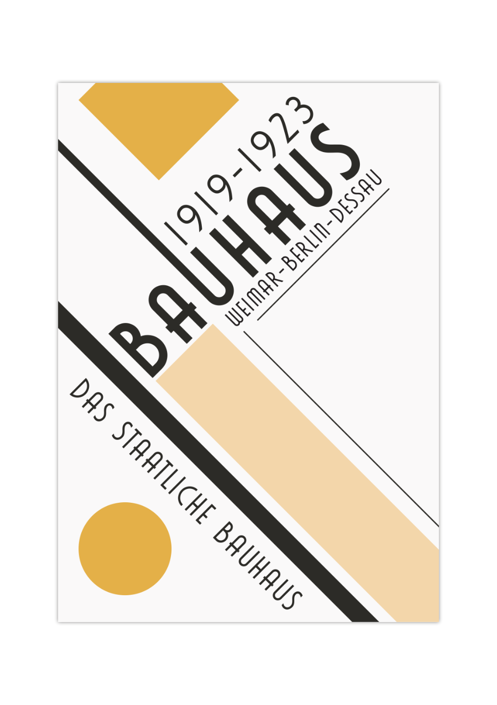 Dieses Bauhaus Poster zeigt dir unterschiedliche geometrische Formationen in Gelb und Schwarz. 