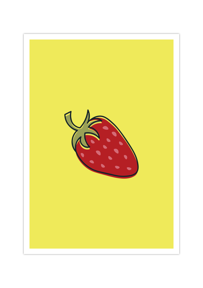 Dieses Poster zeigt eine Erdbeere auf gelbem Hintergrund im minimalistischen Stil.