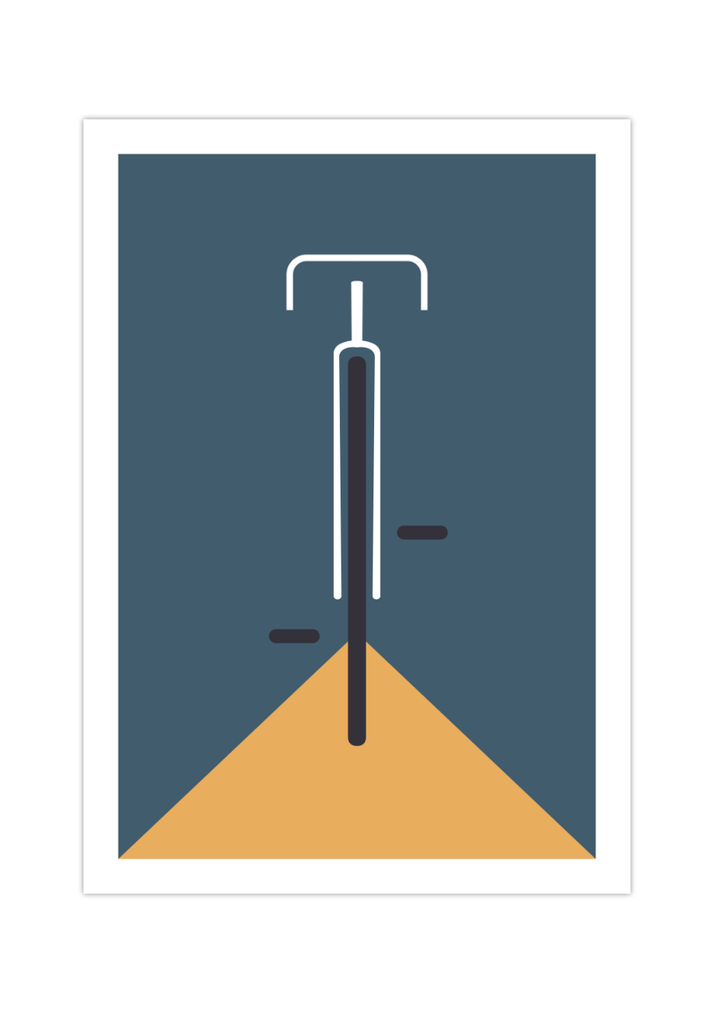 Das Poster im Bauhaus-Stil zeigt ein minimalistisch und geometrisch dargestelltes Rennrad in verschiedenen Farbe