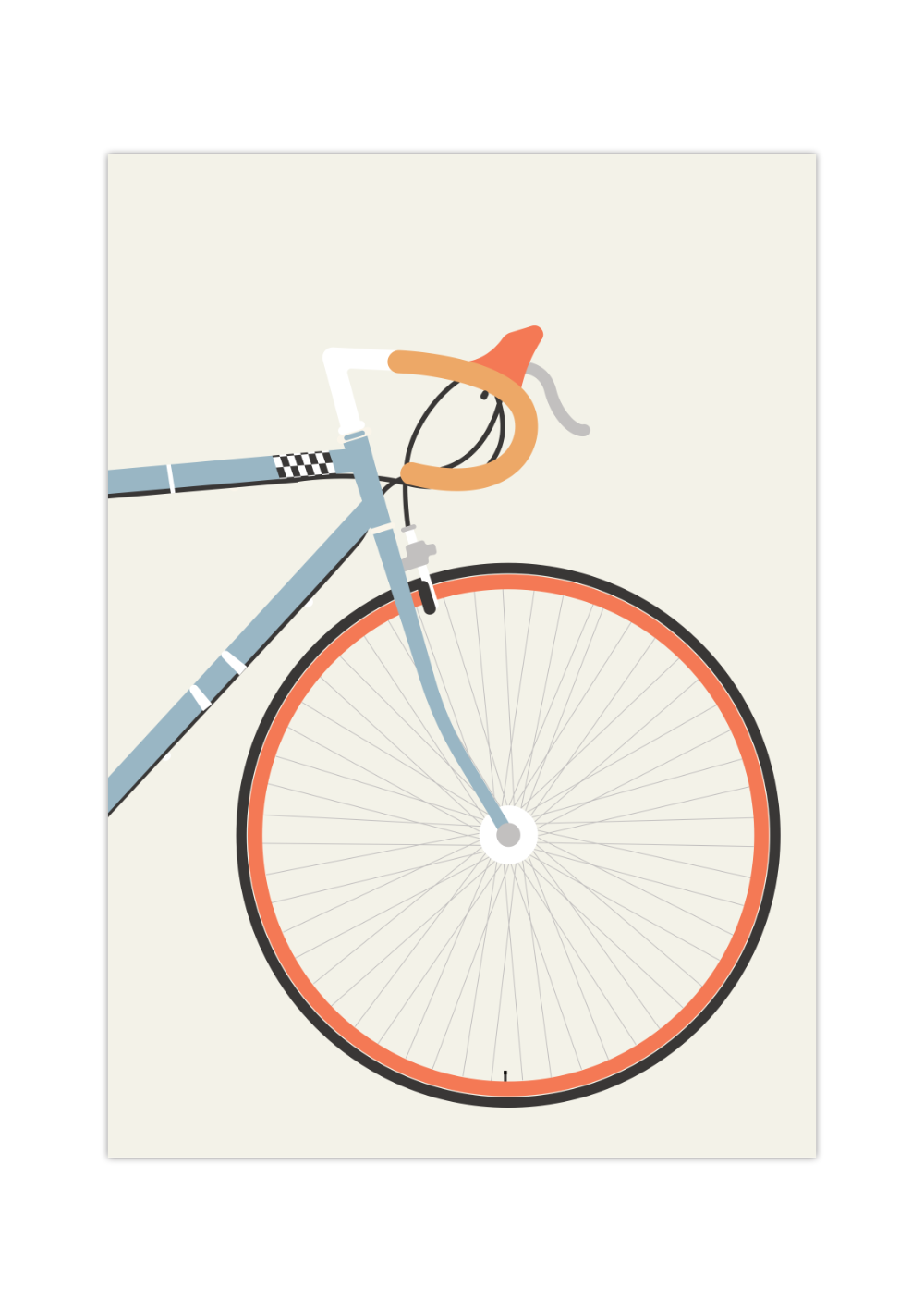 Dieses Poster im minimalistischen Stil zeigt ein oranges Rennrad auf grünem Hintergrund. 