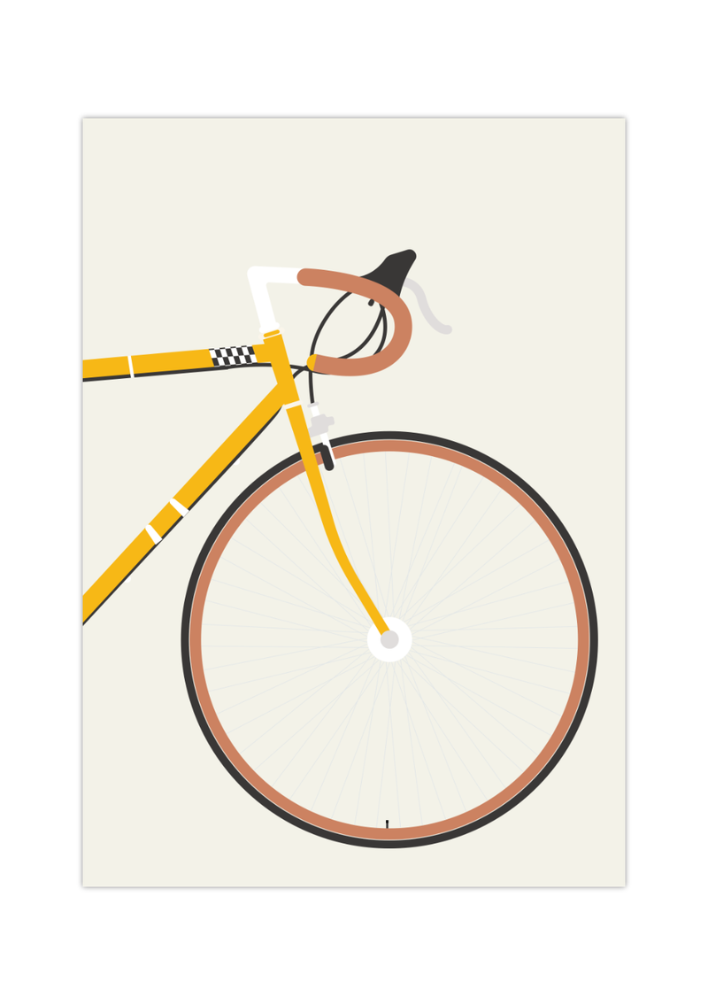 Dieses Poster im minimalistischen Stil zeigt ein oranges Rennrad auf grünem Hintergrund. 