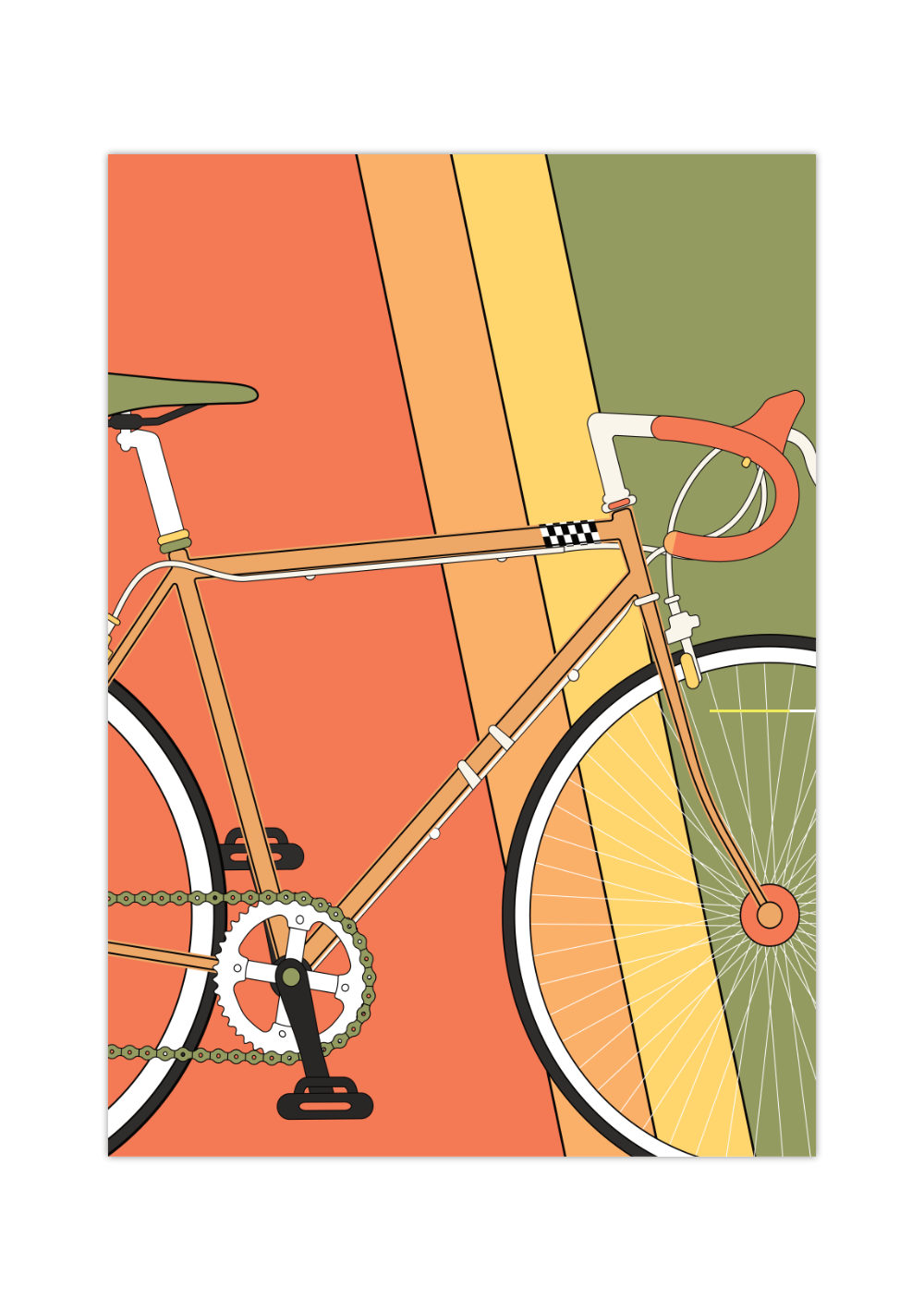 Dieses Poster im minimalistischen Stil zeigt ein oranges Rennrad auf buntem Hintergrund. 