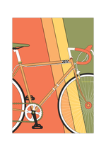 Dieses Poster im minimalistischen Stil zeigt ein oranges Rennrad auf buntem Hintergrund. 