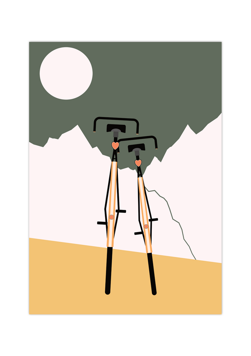 Dieses Fahrrad Poster fängt die Essenz romantischer Zweisamkeit mit einer einzigartigen Darstellung zweier Fahrräder ein, die liebevoll aneinander gelehnt sind.