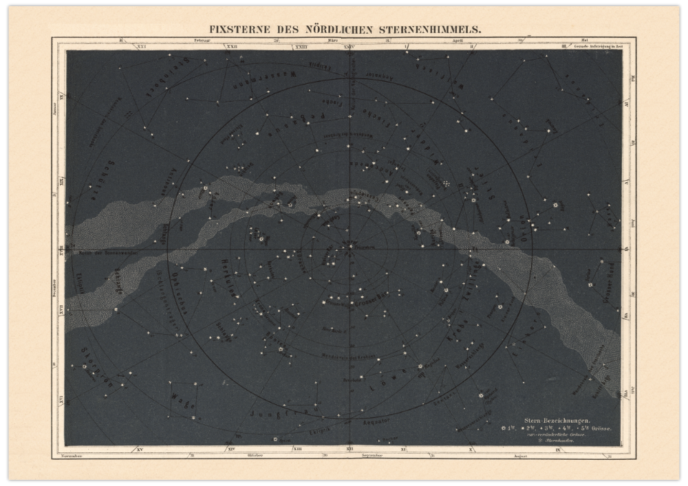 Das Poster einer Sternkarte mit den Sternzeichen ist eine Vintage Lithographie aus Meyers Koversations-Lexikon aus dem Jahr 1890. 