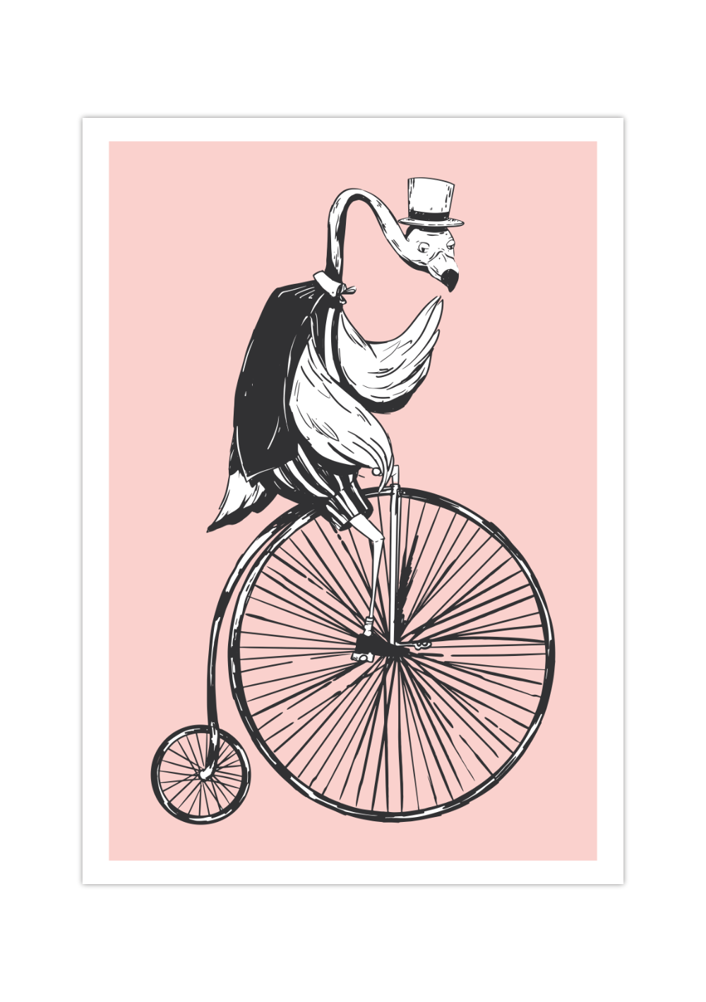 Das Poster zeigt einen Flamingo auf einem Hochrad mit Frack und Hut im vintage Stil. 