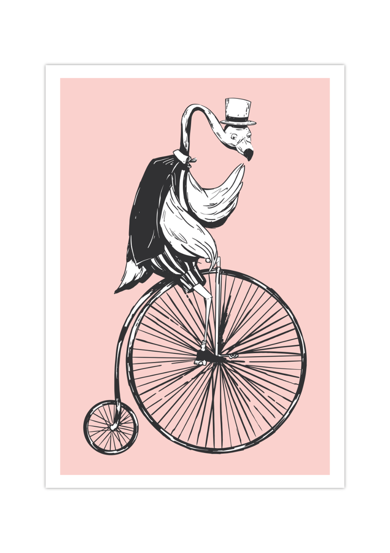 Das Poster zeigt einen Flamingo auf einem Hochrad mit Frack und Hut im vintage Stil. 