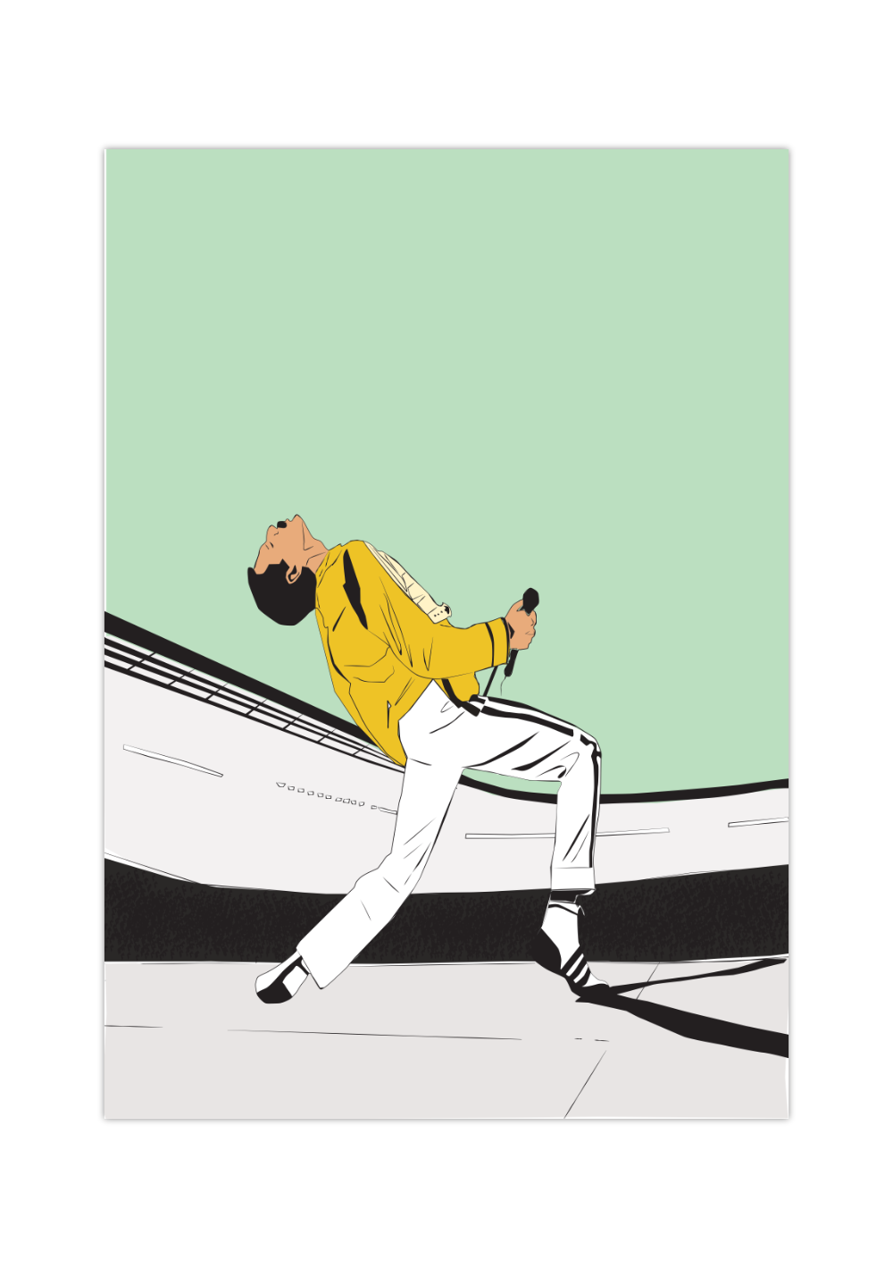 Das Poster zeigt die ikonische Darstellung von Freddie Mercury, Liedsänger der Band Queen, im Wembley Stadion