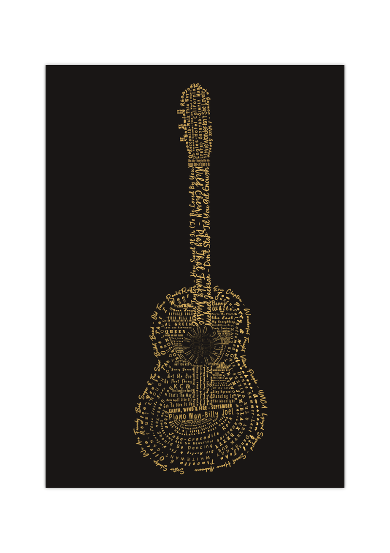 Dieses einzigartige Gitarrenposter zeigt ca. 80 Hits der 70er Jahre zu einer Gitarre gezeichnet und ist damit das perfekte Bild für alle Musik-Fans.