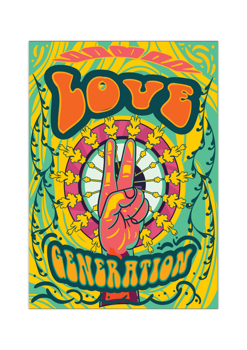 Retro 60er Jahre Poster mit dem Spruch "Love Generation". Gibt ideal den Spirit von Woodstock und der Friedensbewegung wieder.
