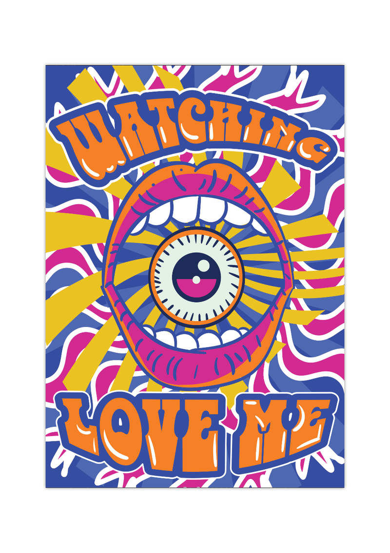 Cooles Retro 60er Jahre Poster mit dem Spruch "Watching Love Me". Gibt ideal den Spirit von Woodstock und der Friedensbewegung wieder. 