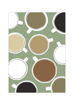 Dieses Poster für die Küche zeigt minimalistisch dargestellte Kaffeetassen in Braun und Grün.