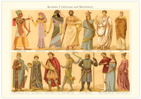 Das Poster von alten Kostümen und Mode ist eine Vintage Lithographie aus Meyers Koversations-Lexikon aus dem Jahr 1890
