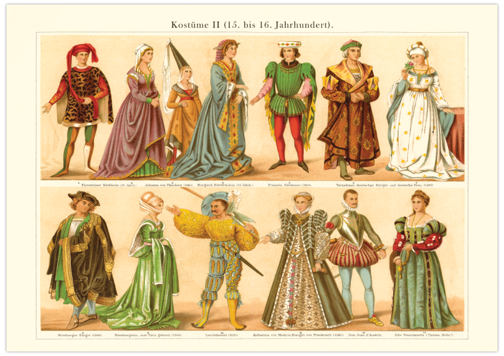 Das Poster von alten Kostümen und Mode ist eine Vintage Lithographie aus Meyers Koversations-Lexikon aus dem Jahr 189
