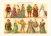 Das Poster von alten Kostümen und Mode ist eine Vintage Lithographie aus Meyers Koversations-Lexikon aus dem Jahr 189