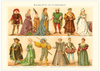 Das Poster von alten Kostümen und Mode ist eine Vintage Lithographie aus Meyers Koversations-Lexikon aus dem Jahr 189