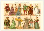 Das Poster von alten Kostümen und Mode ist eine Vintage Lithographie aus Meyers Koversations-Lexikon aus dem Jahr 189