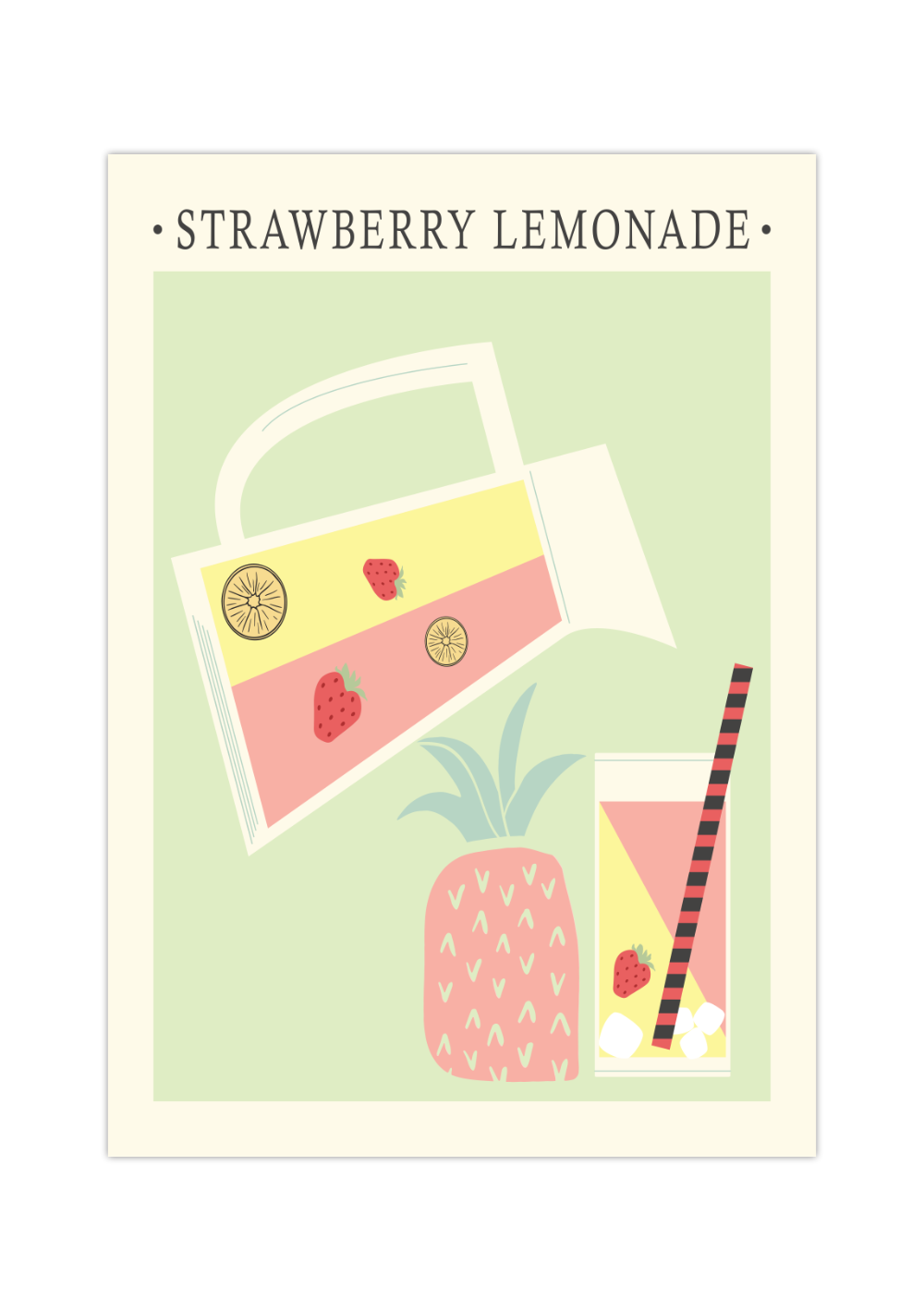Das Poster für die Küche zeigt dir minimalistisch Darstellt eine Wasserkanne mit Erdbeerlimonade und ein Glas. 